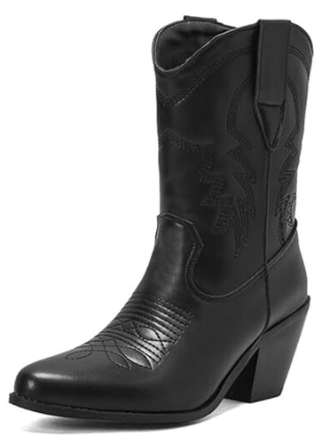 Lglmqxtm Cowboystiefel Damen Mit Mittlerer Wade Stilvoll Westernstiefel Spitze Zehe Slip-On Stiefel von Lglmqxtm