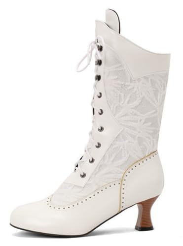 Lglmqxtm Damen Vintage Viktorianische Stiefel Mode Hochzeitsstiefel Kitten Heel Schnürstiefeletten Seitlicher Reißverschluss von Lglmqxtm