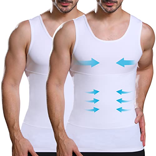 Lgtfy Herren Body Shaper Weste, Brust Bauch Kompression Tank Top, Bauch Verstecken Unterhemden – Wechseln Sie in Sekunden, 2 Stück weiß, XX-Large von Lgtfy
