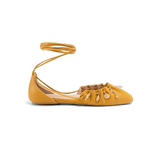 Lhamo Latso Ballerinas mit spitzem Zehenbereich und Verzierungen für Damen, gelb, 37.5 EU Lhamo Latso Ballerinas mit spitzem Zehenbereich und Verzierungen für Damen, gelb, 37.5 EU von Lhamo Latso