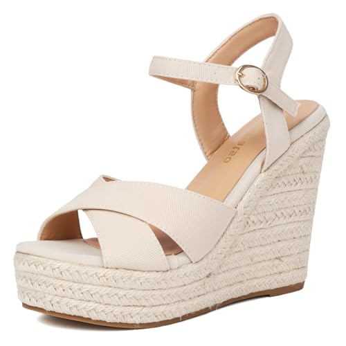 Lhamo Latso Espadrille Keilsandalen für Damen, Plateau-Keilabsätze, High Heels, Sommer-Keile für Damen, mit atmungsaktivem Strick-Textil-Obermaterial, offener Zehenbereich, Knöchelriemen, Milchweiß von Lhamo Latso