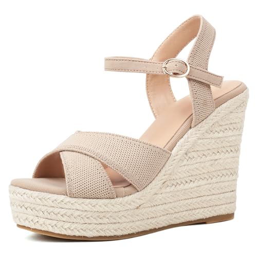 Lhamo Latso Espadrille Keilsandalen für Damen, Plateau-Keilabsätze, High Heels, Sommer-Keile für Damen, mit atmungsaktivem Strick-Textil-Obermaterial, offener Zehenbereich, Knöchelriemen, Beige, 39.5 von Lhamo Latso