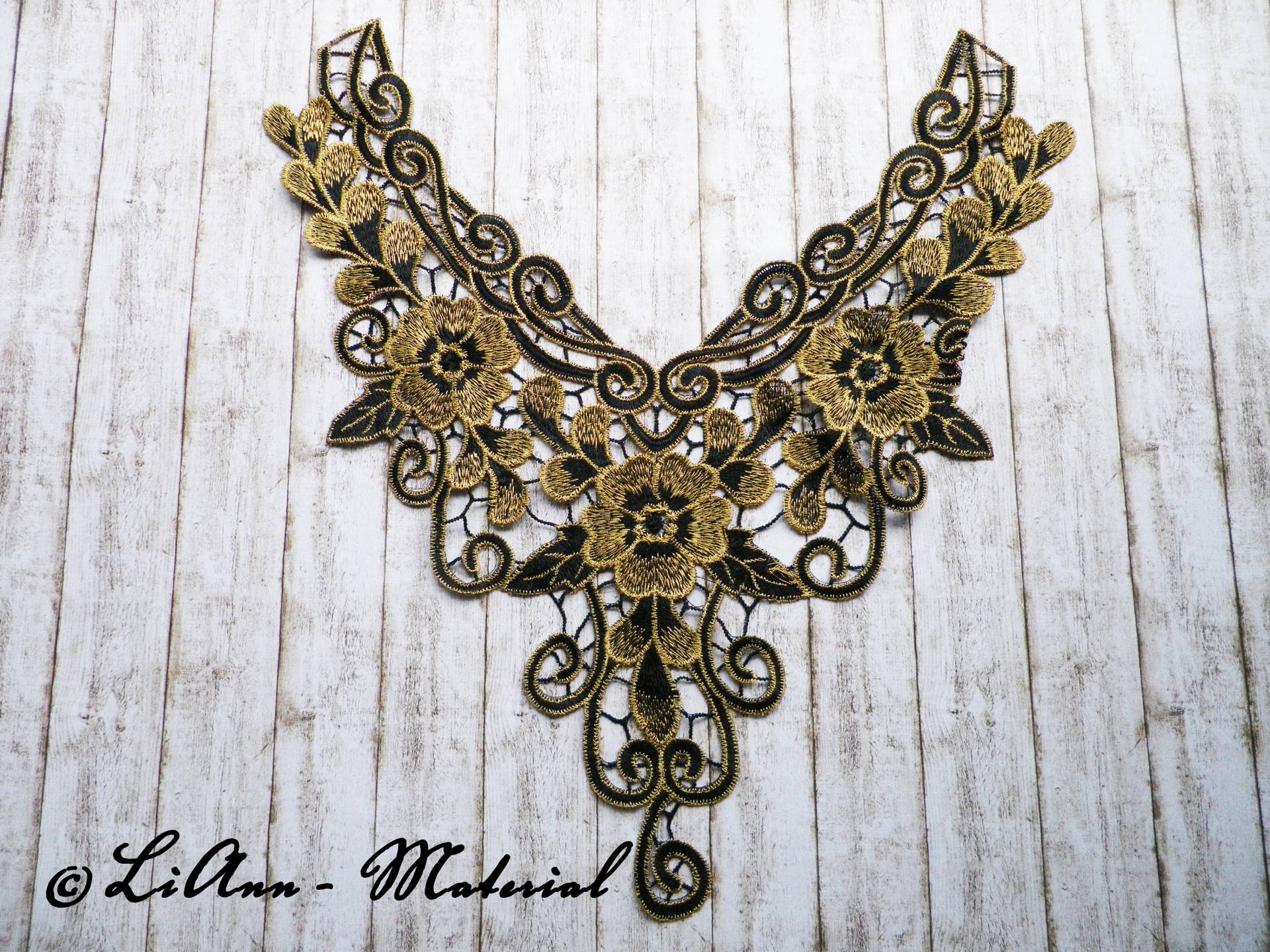 1 Gr. Schwarz-Gold Applikation Stickerei Blüten - Spitzeneinsatz 1 Gr. Schwarz-Gold Applikation Stickerei Blüten - Spitzeneinsatz von LiAnnMaterial