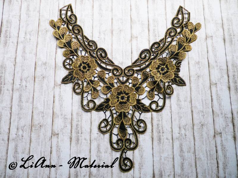 1 Gr. Schwarz-Gold Applikation Stickerei Blüten - Spitzeneinsatz 1 Gr. Schwarz-Gold Applikation Stickerei Blüten - Spitzeneinsatz von LiAnnMaterial