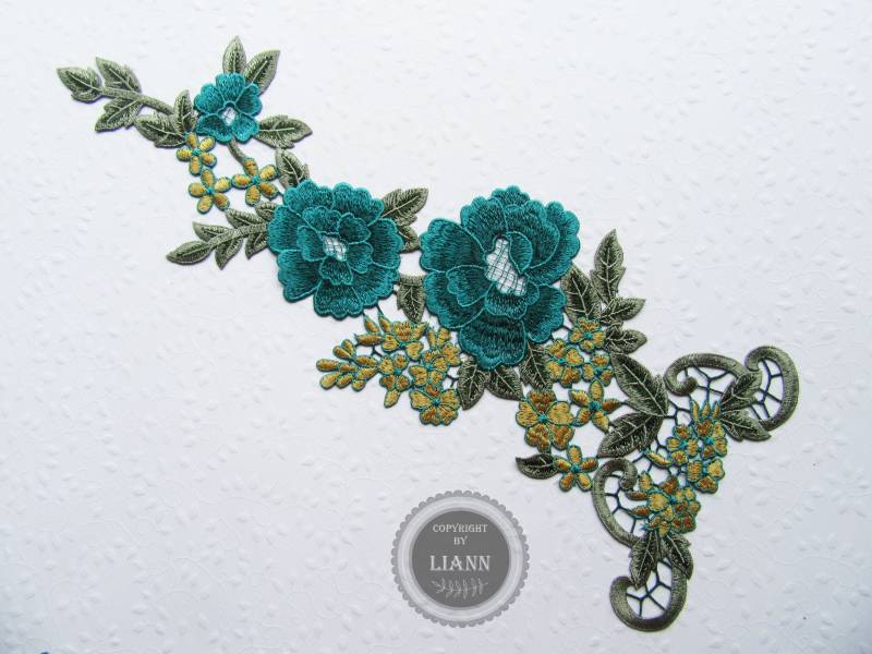 1 Große Applikation Stickerei Rosen, Türkis-Ocker 1 Große Applikation Stickerei Rosen, Türkis-Ocker von LiAnnMaterial