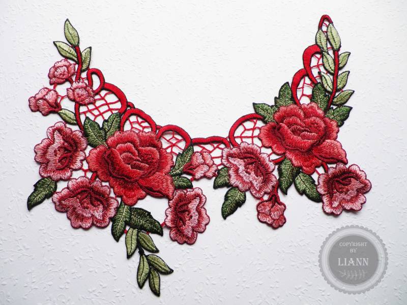 1 Große Rot-Grüne Applikation Stickerei Rosen - Spitzeneinsatz 1 Große Rot-Grüne Applikation Stickerei Rosen - Spitzeneinsatz von LiAnnMaterial