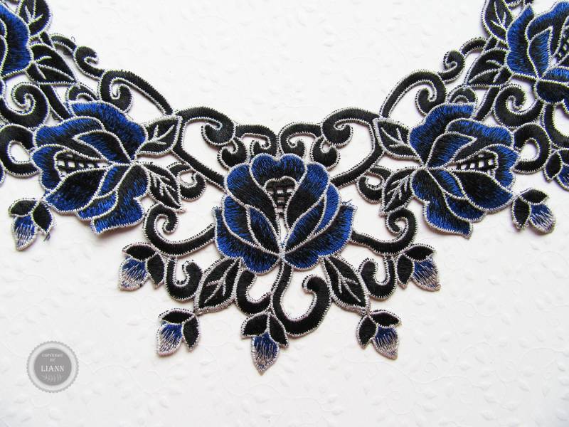 1 Große Schwarz-Bunte Applikation Stickerei Rosen - Spitzeneinsatz, Blau, Rot, Grün, Lila Oder Beige von LiAnnMaterial