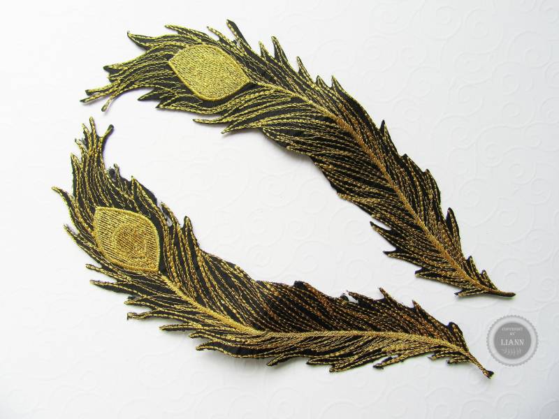 1 Paar Bügelbild Applikation Pfauen-Feder, Ca. 23 cm, Gold Und Schwarz 1 Paar Bügelbild Applikation Pfauen-Feder, Ca. 23 cm, Gold Und Schwarz von LiAnnMaterial