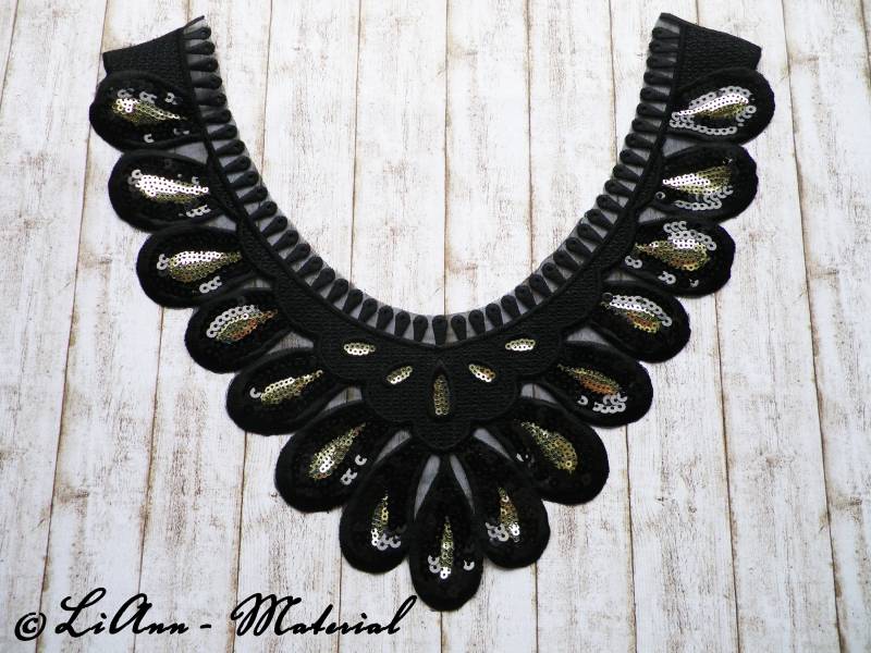 1 Schwarze Applikation Stickerei Pailetten | Art-Nr. Eak - Spitzeneinsatz von LiAnnMaterial