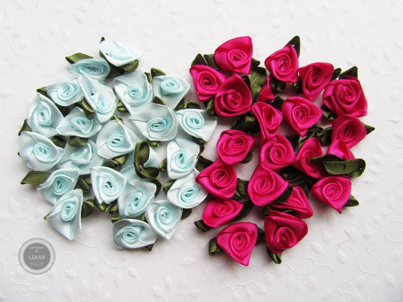 10 Satinrosen, Ca. 3 cm, Blüte 2 Dunkelpink Oder Hellblau von LiAnnMaterial