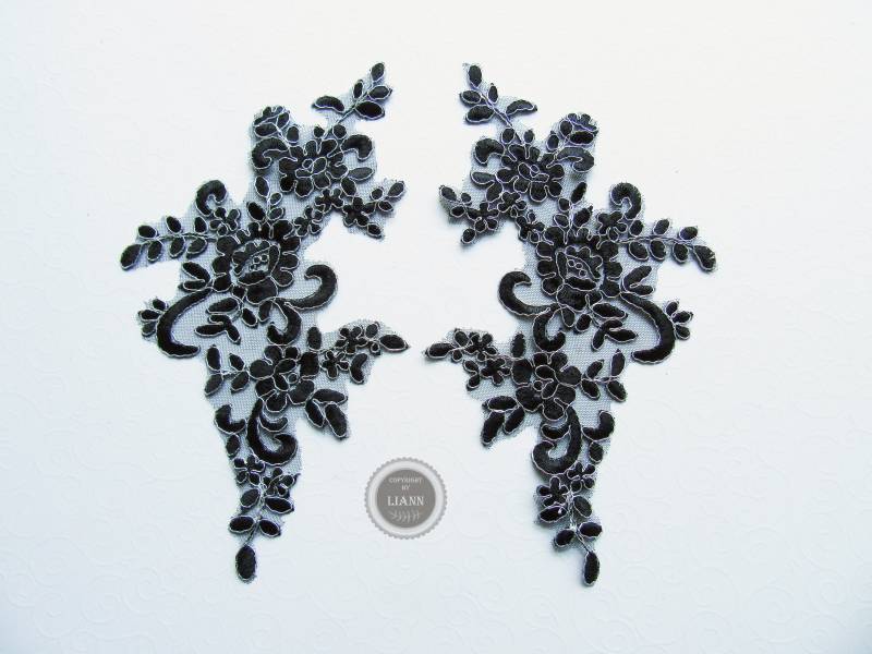 2 Applikationen Stickerei Blütenranke, Schwarz-Silber Gegengleich 2 Applikationen Stickerei Blütenranke, Schwarz-Silber Gegengleich von LiAnnMaterial