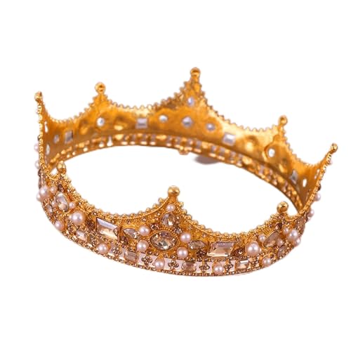LiFBeauTiFul Königliche Krone Runde Tiara Braut Kopfschmuck Perle Kristall Haarschmuck Hochzeit Krone Ornamente Stirnband Diadem (Metal color : Gold-color) von LiFBeauTiFul