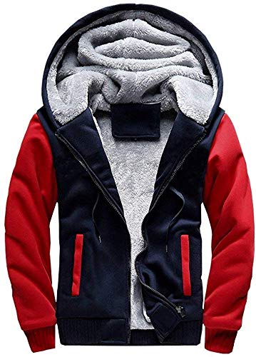 VSUSN Herren Kapuzenpullover mit Reißverschluss, Langarm Kapuzenjacke, Winter Warm Fleece-Innenseite Sweatshirt, Plus Dicke Fleecejacke, Sweatjacke Mit Kapuze(Blau&Rot, 4XL) von VSUSN