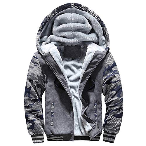 VSUSN Herren Kapuzenpullover mit Reißverschluss, Langarm Kapuzenjacke, Winter Warm Fleece-Innenseite Sweatshirt, Plus Dicke Fleecejacke, Sweatjacke Mit Kapuze(Camouflage&Grau, 3XL) von VSUSN