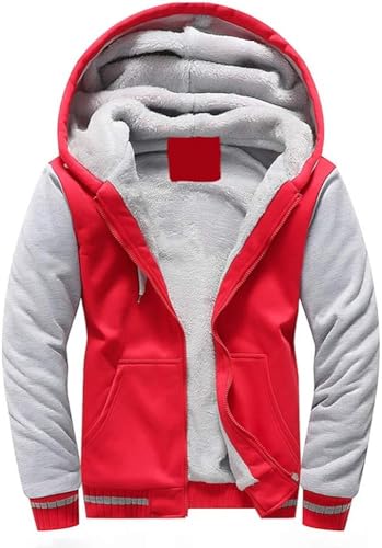 VSUSN Herren Kapuzenpullover mit Reißverschluss, Langarm Kapuzenjacke, Winter Warm Fleece-Innenseite Sweatshirt, Plus Dicke Fleecejacke, Sweatjacke Mit Kapuze(Rot, L) von VSUSN