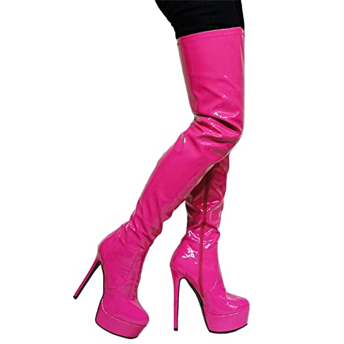 LiJJi Damen 6-Zoll-Stiletto-Plateau-Overknee-Stiefel Sexy rosa Oberschenkelhohe Stiefel Fetisch High Heels Stripper Club Show Pumps Schuhe Größe 36-47 von LiJJi