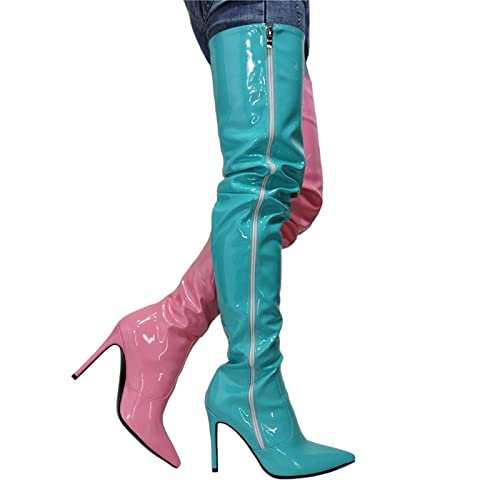 LiJJi Damenmode, blaues und rosafarbenes Design, Overknee-Stiefel, sexy spitze Zehenpartie, Oberschenkelhohe Stiefel, Fetisch-High-Heels, Stripper-Club-Show, Pumps, Schuhe, Größe 36–47 von LiJJi