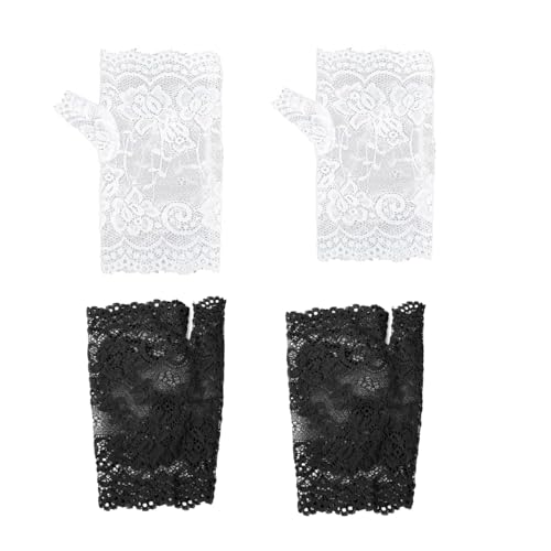 LiJuanWang Fingerlose Handschuhe,2 Paar Damen Fingerlose Spitzen Handschuhe,Braut Spitzen Handschuhe,kurze fingerlose Spitzenhandschuhe für Hochzeitsfeier Halloween Oper Dinner Tea Party Beerdigung von LiJuanWang