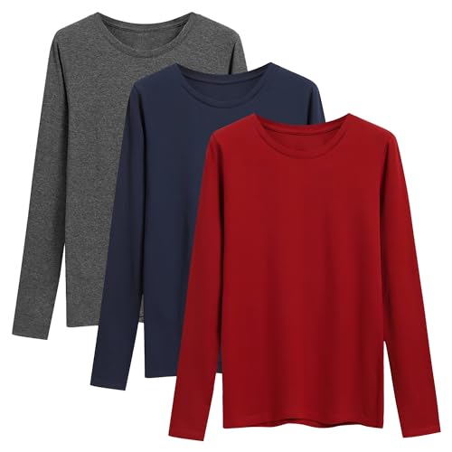 Damen Langarm-T-Shirt mit Rundhalsausschnitt, Rundhals Oberteile Casual Tshirt Pullover Langarm Oberteile Longsleeve Damen Basic Tops 3er Pack Dunkelgrau Rot Dunkelblau GBUR Large von LiKing