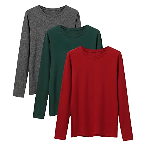 Damen Langarmshirt Shirt Langarm Damen Basic Longsleeve Langarm-Shirt Oberteil Tops mit Stretch Baumwolle Langarmshirts Für Damen 3er Pack Dunkelgrün Grau Rot GRGR Small von LiKing