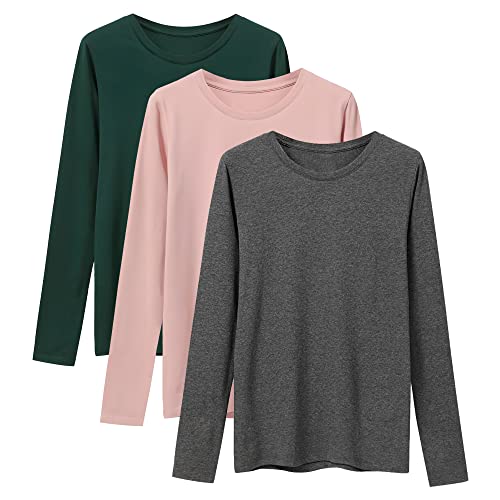 Damen Langarmshirt Shirt Langarm Damen Basic Longsleeve Langarm-Shirt Oberteil Tops mit Stretch Baumwolle Langarmshirts Für Damen 3er Pack Dunkelgrün Rosa Dunkelgrau GPGE X-Large von LiKing