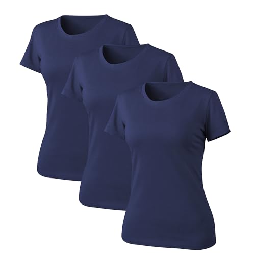 Liking 3er Pack Basic Tshirt Damen,Unterhemd Damen Kurzarm Damen T-Shirt Basic Tshirt Damen Casual Rundhalsausschnitt Tops Damen Tshirt Basic Baumwolle Set Marineblau 6101-UN3-L-3 von Liking