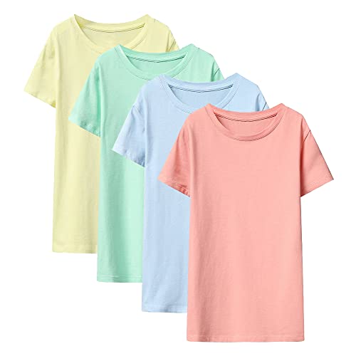 LiKing Mädchen T-Shirts Baumwolle Kurzärmelige Kurzarm Sommer Oberteil Kinder Einfarbige Top 4er-Pack Mehrfarbig 7601UN1 146-152 von LiKing