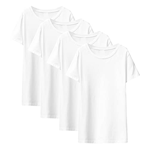 LiKing Mädchen T-Shirts Baumwolle Kurzärmelige Kurzarm Sommer Oberteil Kinder Einfarbige Top 4er-Pack Weiß 7601WH 134-140 von LiKing