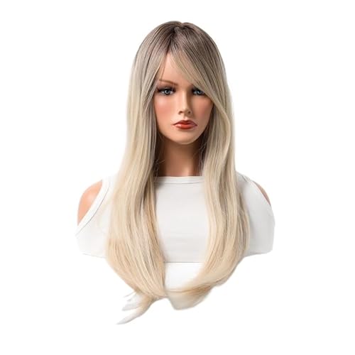 Damen-Perücke mit langem Pony, blondes, langes, glattes Haar, rosafarbenes Netz-Stirnband, Kopfbedeckung von LiMinM