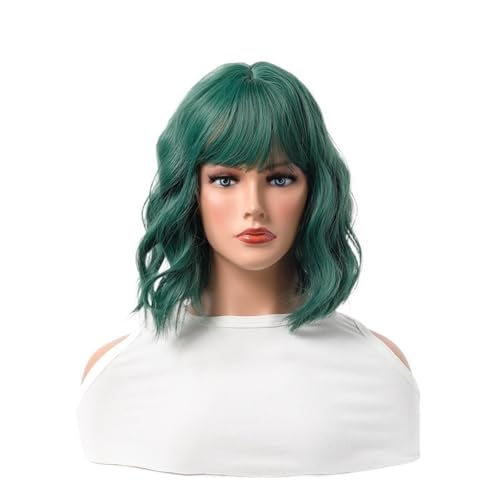 LiMinM Simulationskopfbedeckung for Damen mit kurzen lockigen Haaren, dunkelgrüne, Flauschige Perücke mit Pony von LiMinM