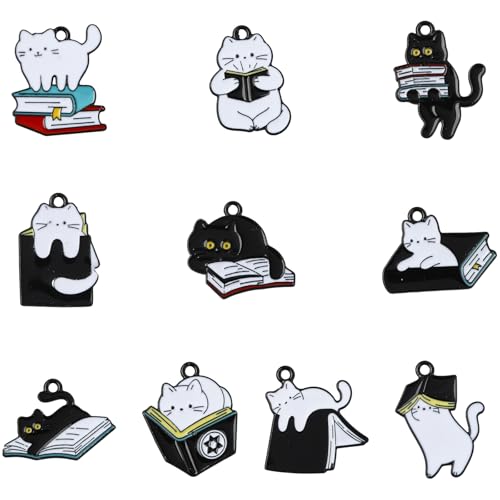 LiQunSweet Emaille-Charms, Katzen- und Buch-Charms, niedliches schwarz-weißes Kätzchen, Haustier-Anhänger für selbstgemachte Schmuck, Armbänder, Halsketten, Ohrringe, Basteltaschen, Geldbörse von LiQunSweet