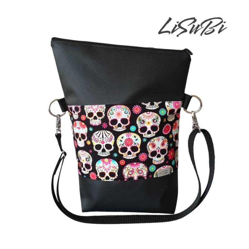 Foldover Umhängetasche Handtasche Schultertasche Damen Mit Lederimitat Totenkopf Schwarz von LiSuBi