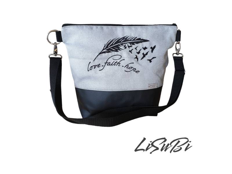 Umhängetasche Handtasche Love Faiht Hope Bestickt Handmade Damen Kunstleder Stoff Blume Tasche Grau Schwarz von LiSuBi