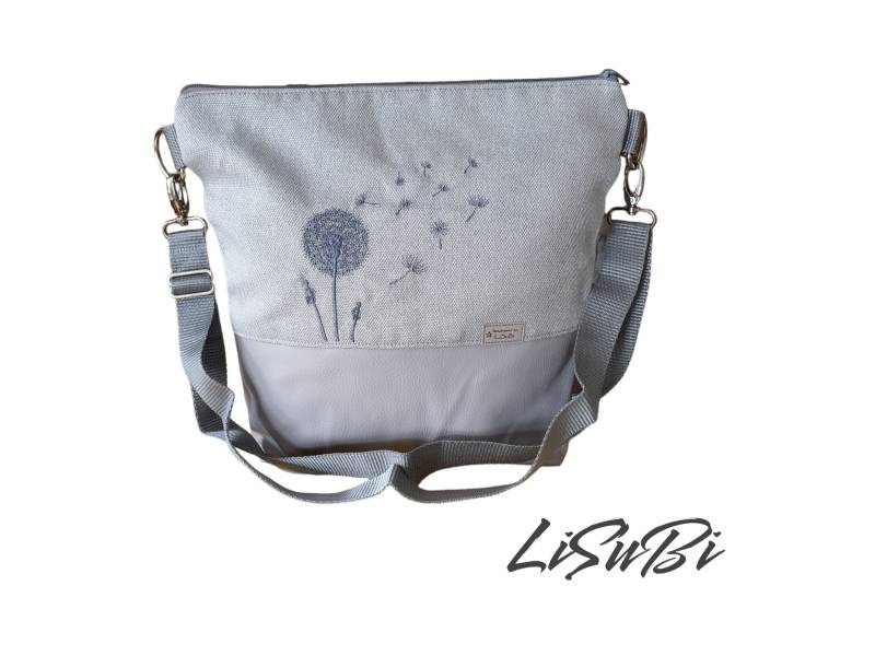 Umhängetasche Handtasche Pusteblume Crossover Bestickt Handmade Damen Kunstleder Stoff Blume Tasche Grau von LiSuBi