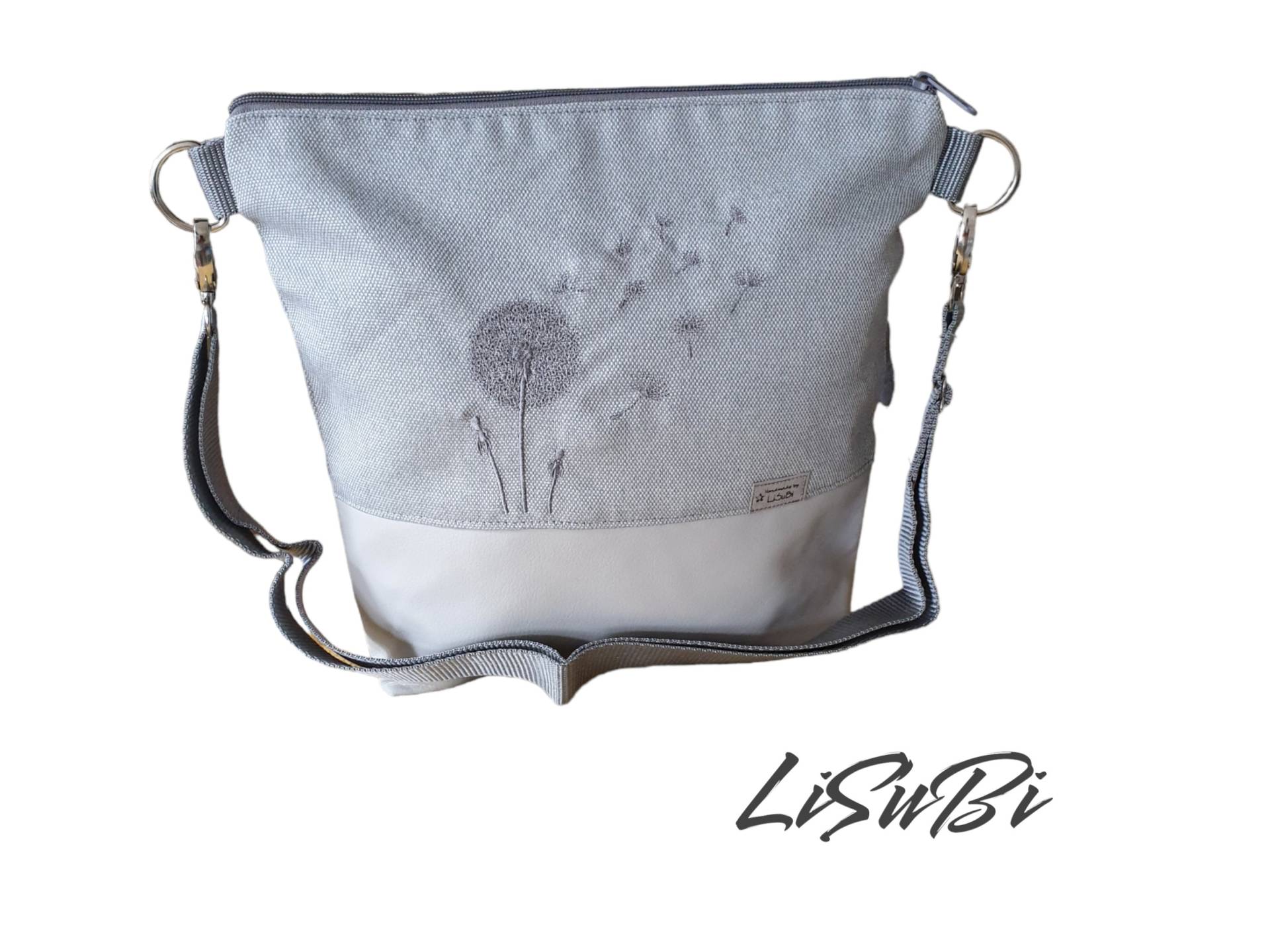 Umhängetasche Handtasche Pusteblume Crossover Bestickt Handmade Damen Kunstleder Stoff Blume Tasche Grau von LiSuBi