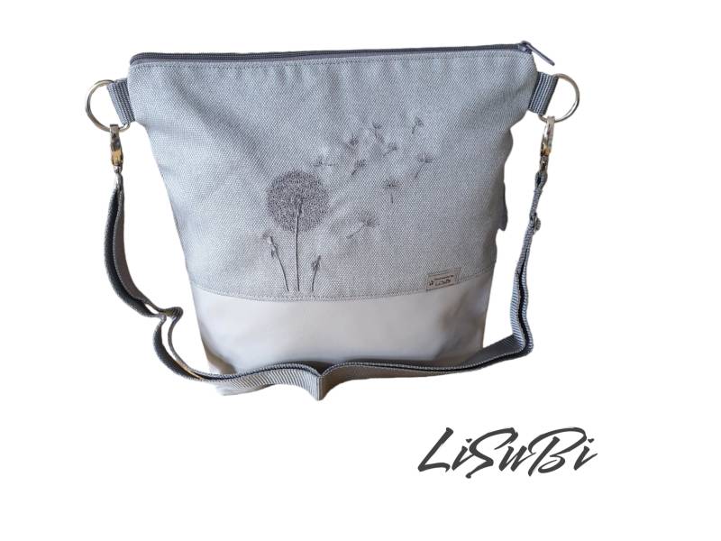Umhängetasche Handtasche Pusteblume Crossover Bestickt Handmade Damen Kunstleder Stoff Blume Tasche Grau von LiSuBi