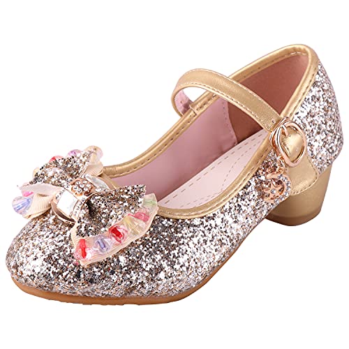 LiUiMiY Prinzessin Schuhe Mädchen Glitzer Stöckelschuhe mit Absatz Ballerina für Party Karneval Verkleidung Fasching Hochzeit Halloween, Gold, 26 EU von LiUiMiY