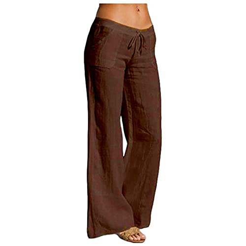 Liably Leinenhose Damen Baumwoll Leinen Elastische Kordelzug Hose, Leichte Hohe Taille LäSsige Elegante Sommerhose Freizeit Jogginghose Strandhose Lose Einfarbige Haremshose Kaffee von Liably