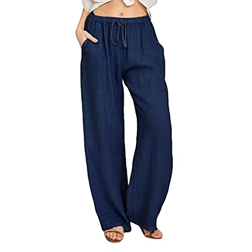 Liably Leinenhose Damen Baumwoll Leinen Elastische Kordelzug Hose, Leichte Hohe Taille LäSsige Elegante Sommerhose Freizeit Jogginghose Strandhose Lose Einfarbige Haremshose von Liably