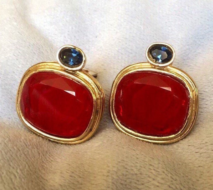 Vintage Bijoux Rot Blau Glas Kenneth Lane Large Ohrclips Gripoix Ohrringe von LiamBySevanna