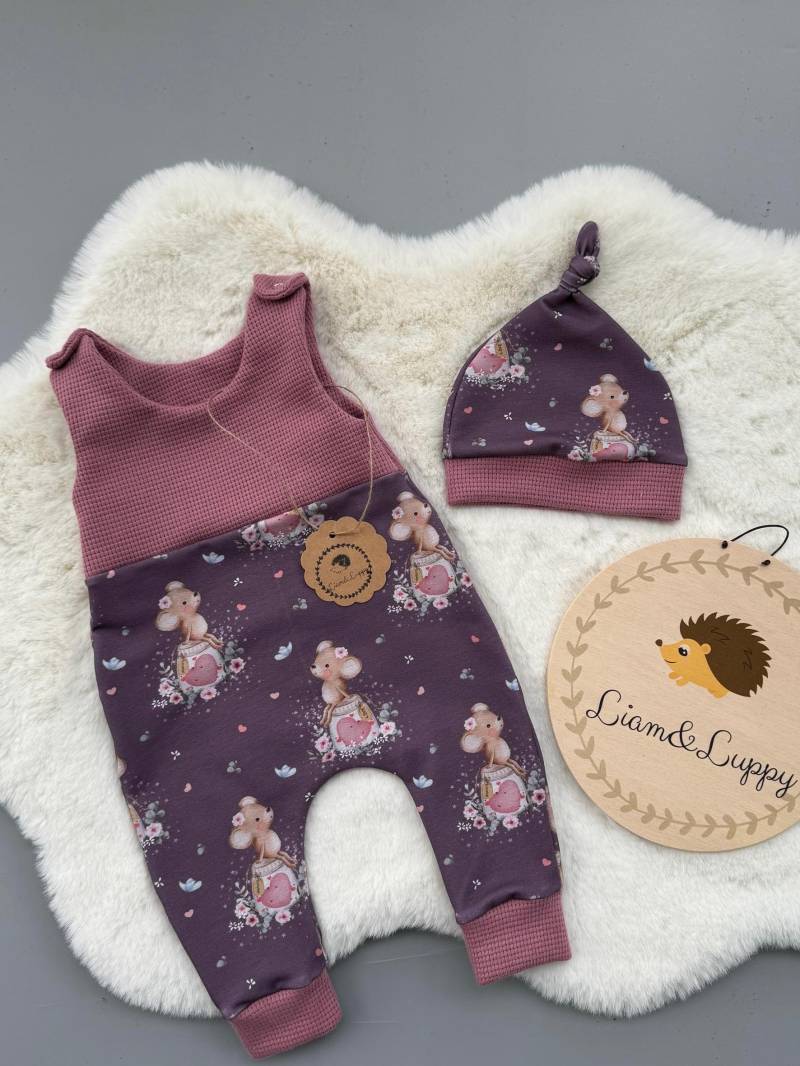 Herbst Babyset Mäuschen - Handgenähtes Outfit in Pflaume | Handgefertigte Babykleidung Geschenk Zur Geburt Herbstoutfit Mädchen von LiamandLuppy