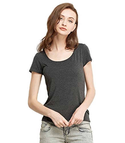 Liang Rou Damen Mini-Gerippt Stretch T-Shirt mit U-Ausschnitt von Liang Rou