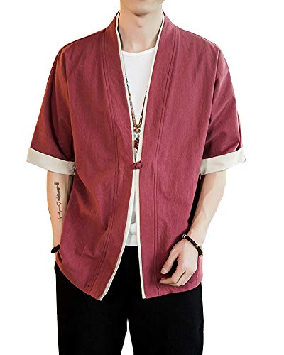 Liangzhu Herren Happi Kimono Haori Jacke Übergangsjacke Mäntel Hanfu Langarmshirts Cardigan Burgunderrot 2XL von Liangzhu