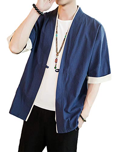 Liangzhu Herren Happi Kimono Haori Jacke Übergangsjacke Mäntel Hanfu Langarmshirts Cardigan Marine 2XL von Liangzhu