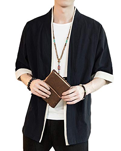 Liangzhu Herren Happi Kimono Haori Jacke Übergangsjacke Mäntel Hanfu Langarmshirts Cardigan Schwarz 3XL von Liangzhu