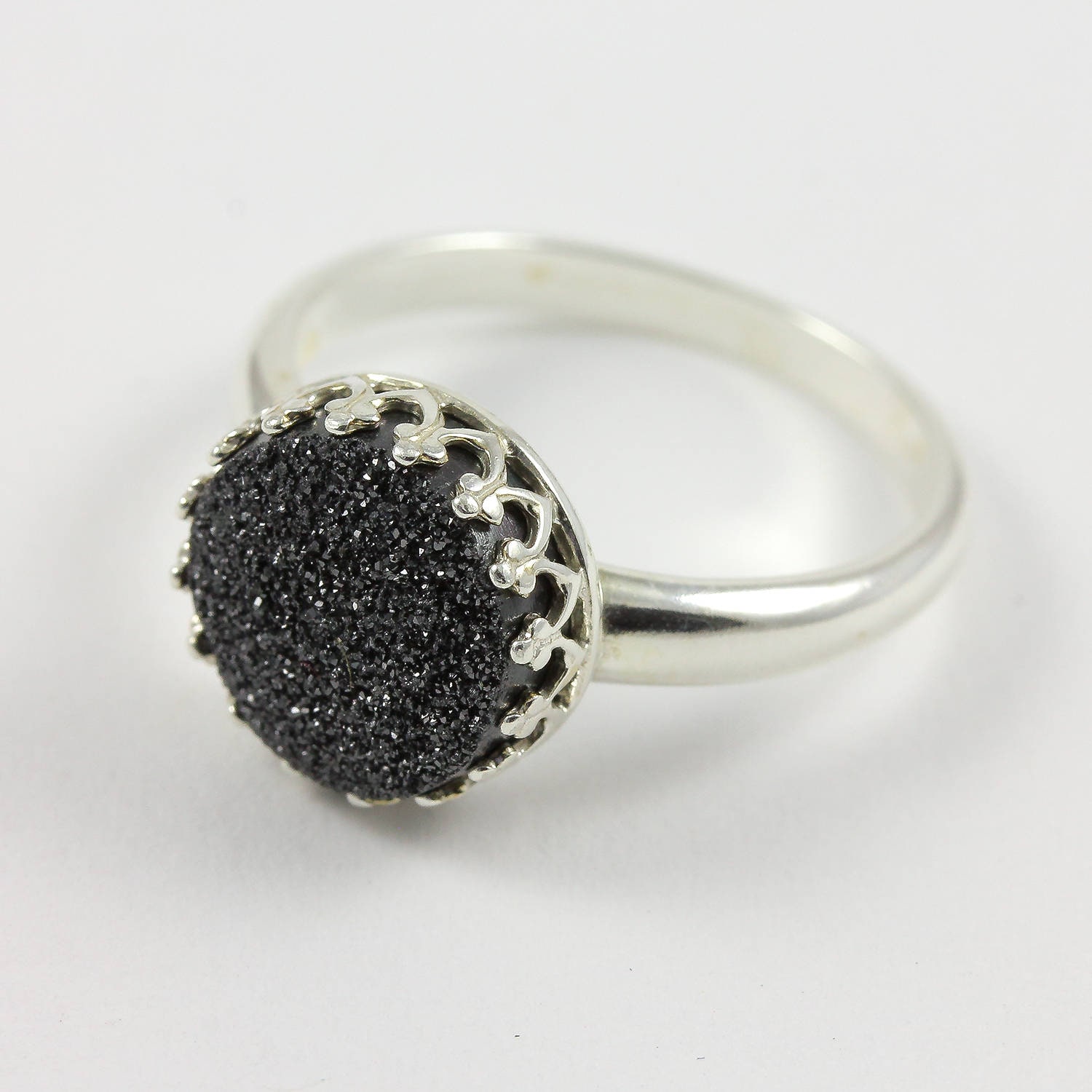 10 Mm Schwarz Druzy Ring Sterling Silber - Rund Quarz Druzzy Lünette Drusy von LiansElegance