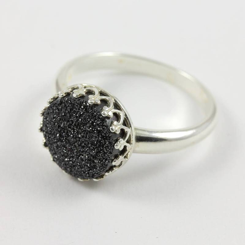 10 Mm Schwarz Druzy Ring Sterling Silber - Rund Quarz Druzzy Lünette Drusy von LiansElegance