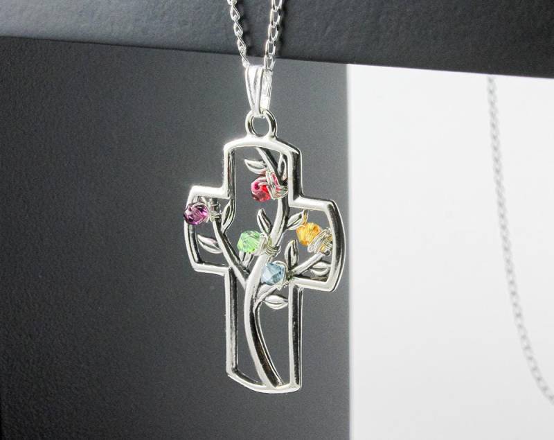 Baum Des Lebens Halskette Mit Individuellem Geburtsstein - Sterling Silber Kreuz Draht Gewickelt Anhänger Stammbaum von LiansElegance