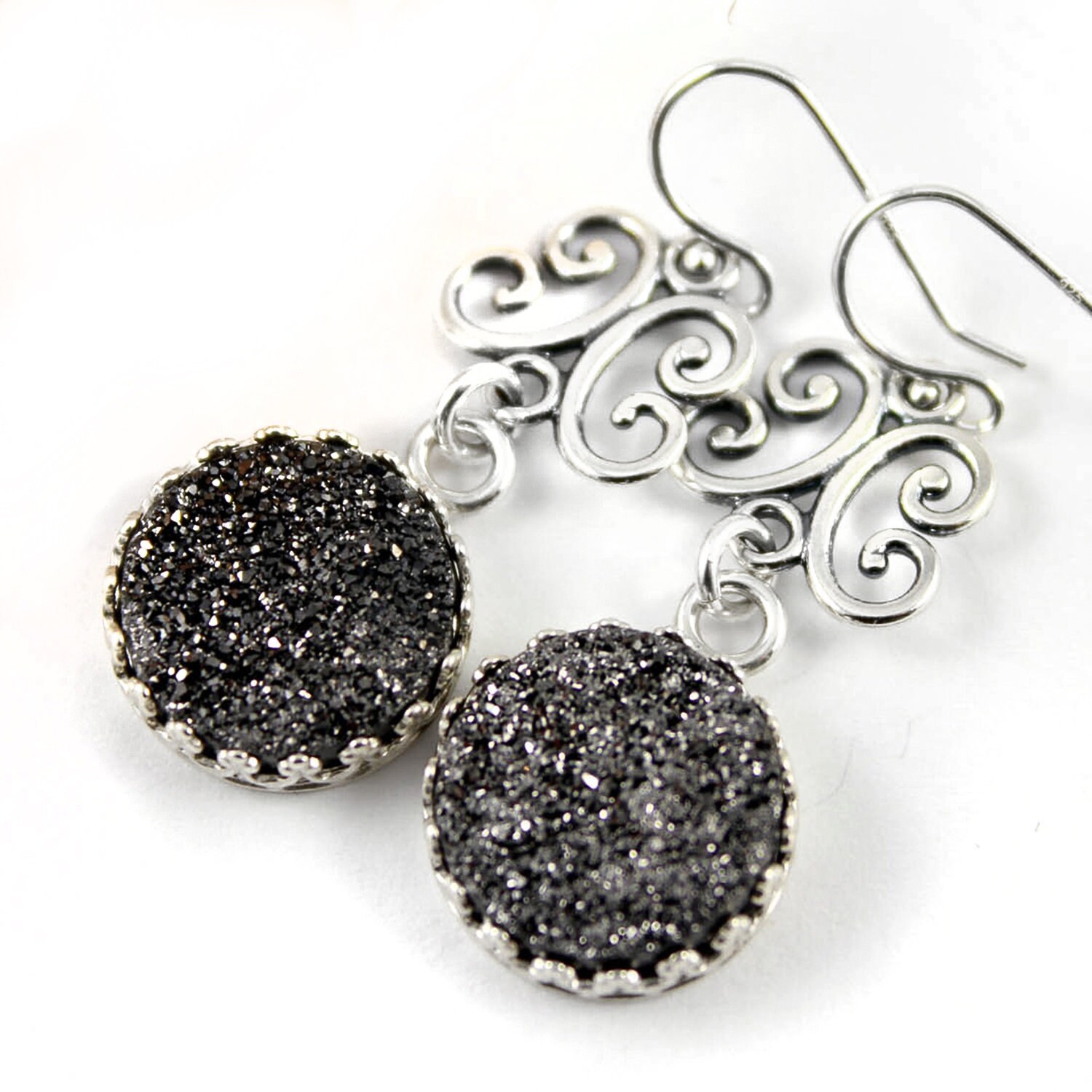 Filigrane Ohrringe Sterling Silber - Muttertagsgeschenk Druzy Schwarze Druse Quarz Bezel Set von LiansElegance