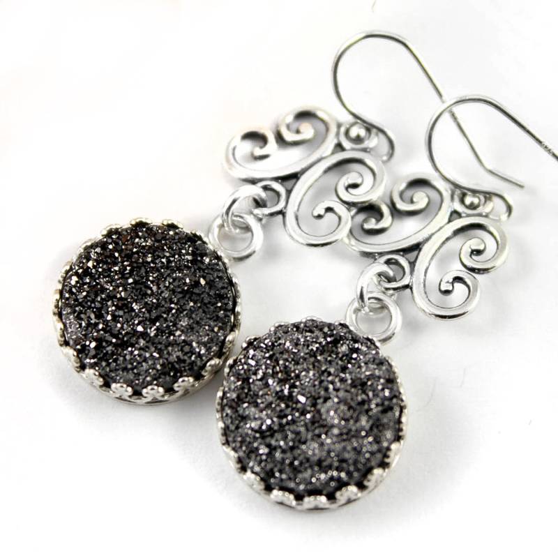 Filigrane Ohrringe Sterling Silber - Muttertagsgeschenk Druzy Schwarze Druse Quarz Bezel Set von LiansElegance